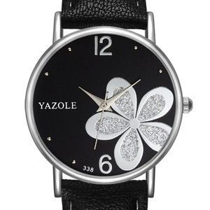 Classic Casual Black Quartz Leather Strap Watch Rhinestone Flower Crystals